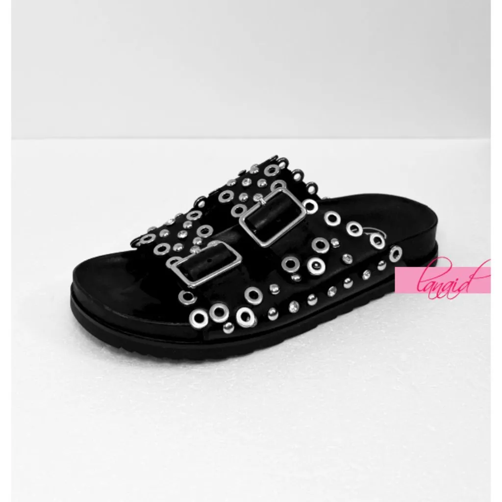 Ash Universe Slide Sandal Black Leather Studded Crystals Birks Flats Edgy Gothic - Image 6
