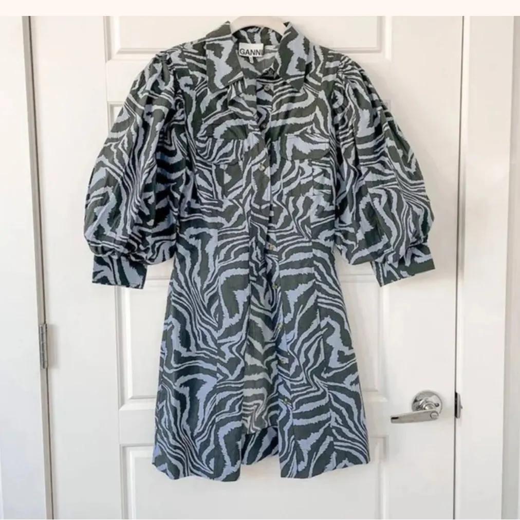 Ganni Blue Black Zebra Animal Print Puff Sleeve Mini Dress Size Small - Image 11