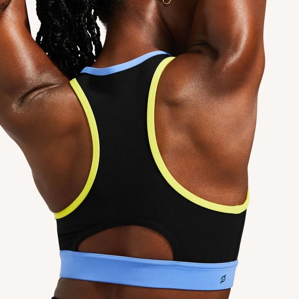 Peloton S Colorblock Racerback Sports Bra Black Lime Blue Mesh Cutout - Image 8
