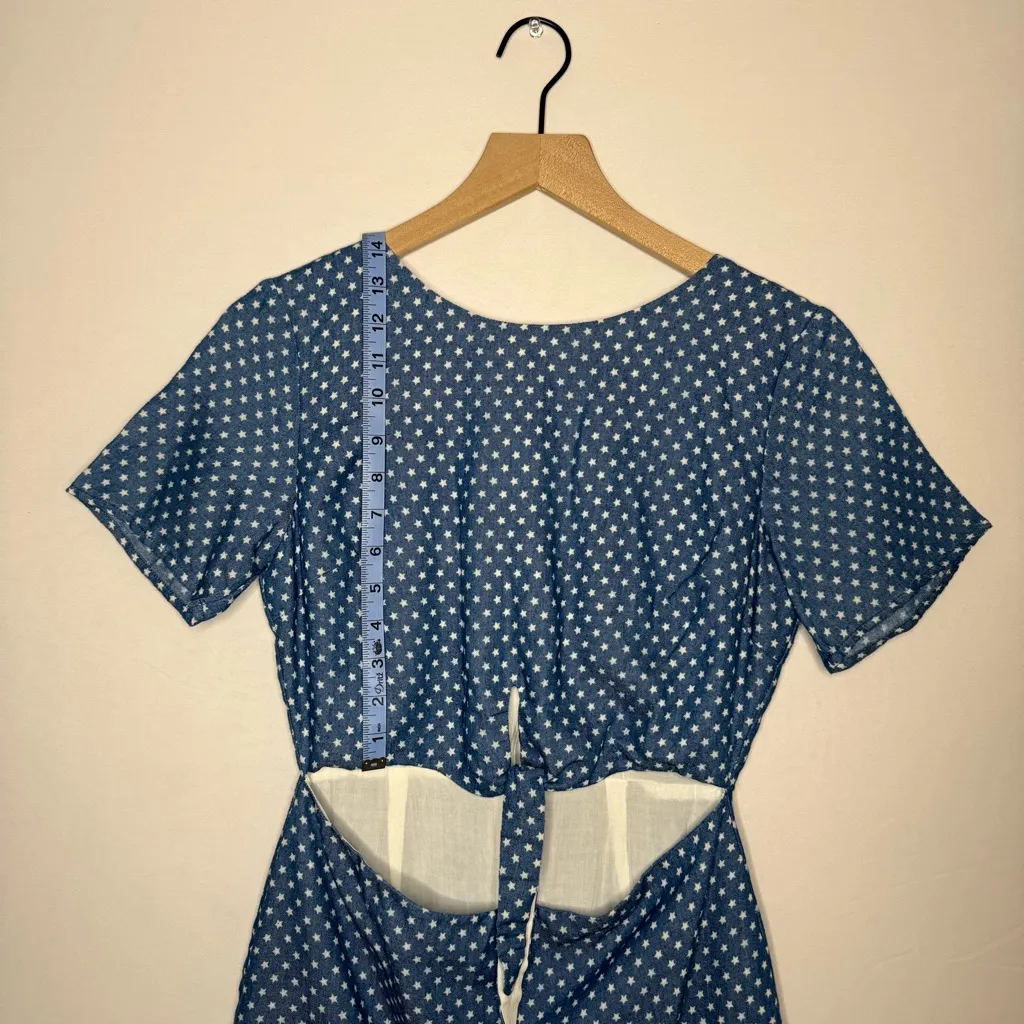 Star Print‎ Cute Dress With Open Stomach Cut Out 4th of July Denim Print - Image 3