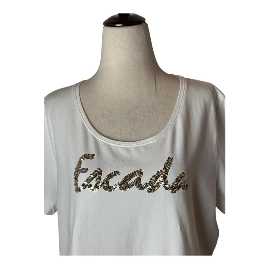 Escada Shirt Women XL White Sequin Logo Short‎ Sleeve Round Neck Tee Luxury - Image 3