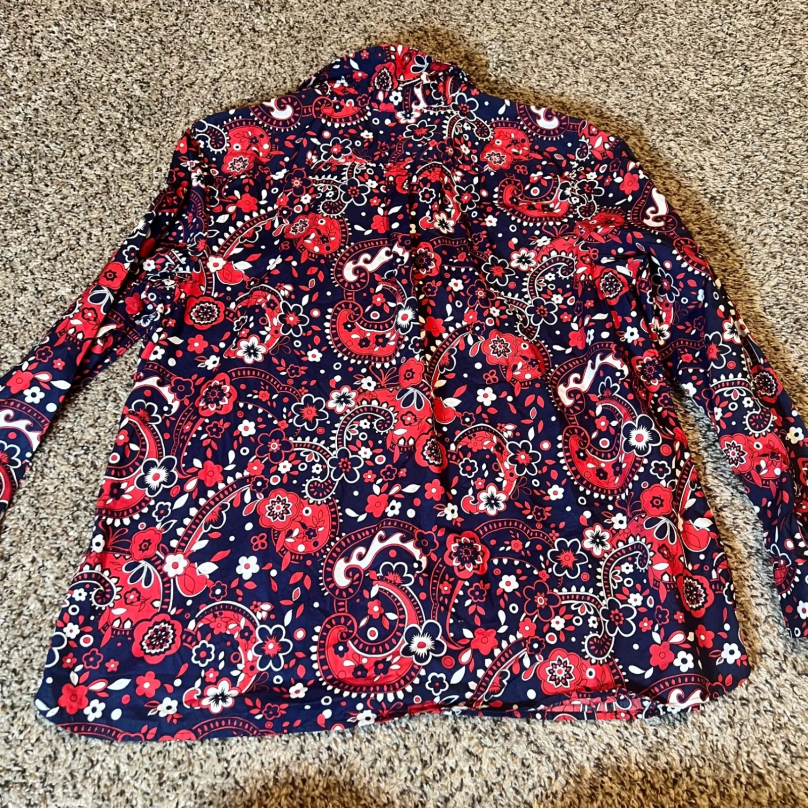 Talbots Petite Paisley Print Button Up Shirt Navy Red White XL Petite - Image 8