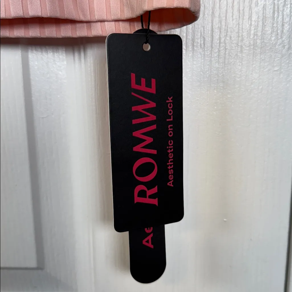 Romwe Pink Kawaii Contrast Lace Cold Shoulder Ribbed Blouse Size Large NWT #5943 - Image 2