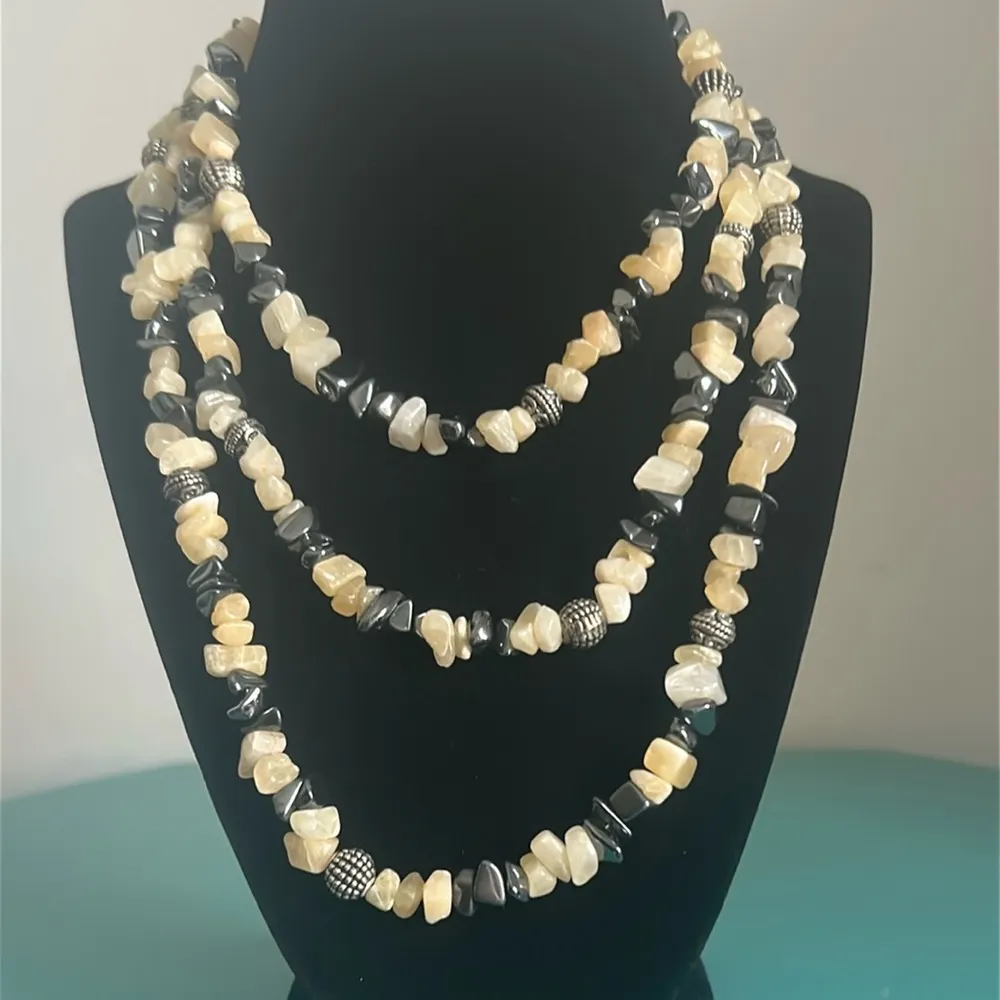 53” Hematite Citrine Chipped Gemstone and Silver Tone Tibetan Beaded Necklace Black - Image 7