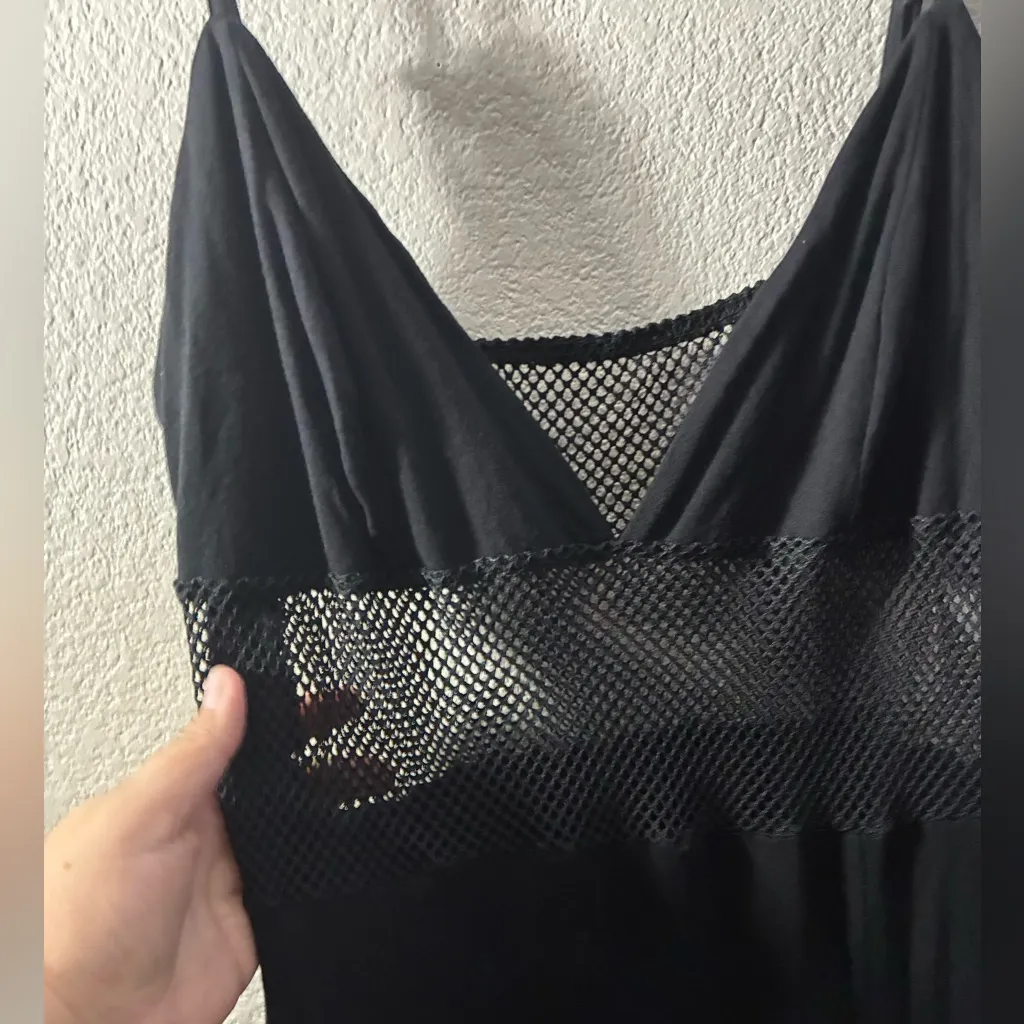 🆕ROMWE Black Contrast Mesh Lace Up Front Split Thigh Cami Dress L🆕 - Image 5