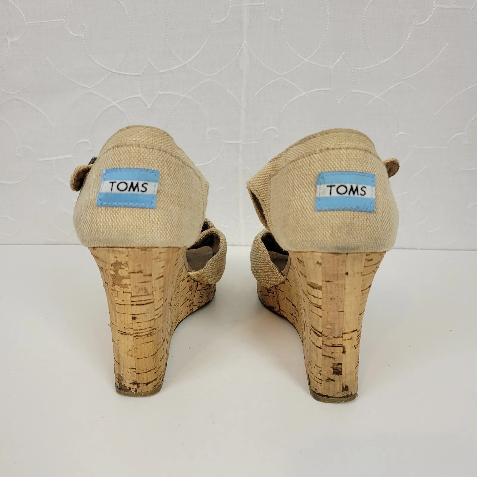 TOMS Sienna Womens Sandals Size 9 Cream Canvas‎ Crisscross Open Toe Cork Wedge - Image 4