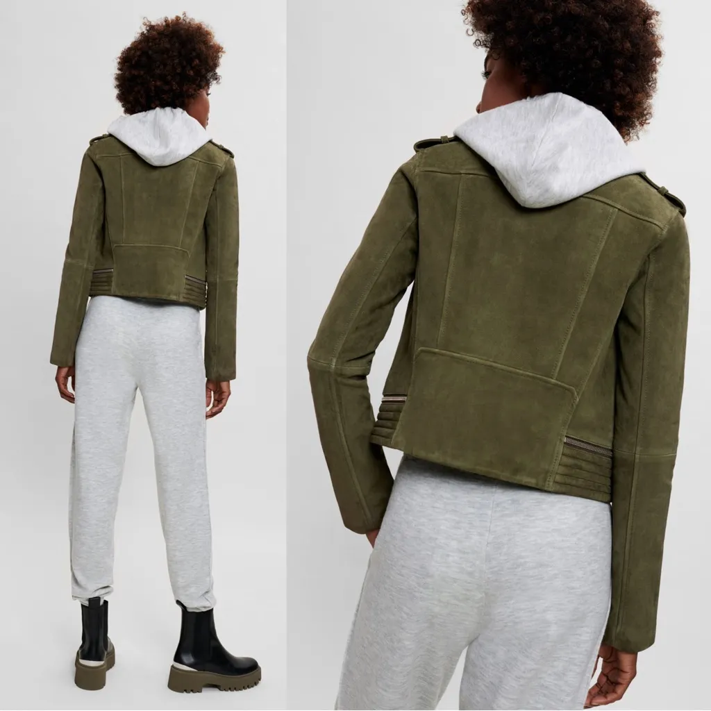 Maje • Basalt Suede Biker Jacket olive green leather moto asymmetrical zip front - Image 15