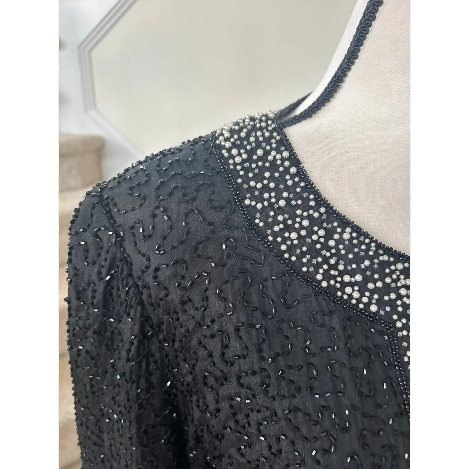Vintage Old Money Black Silk Faux Pearl Trim Beaded Blazer Evening Jacket Size M - Image 4