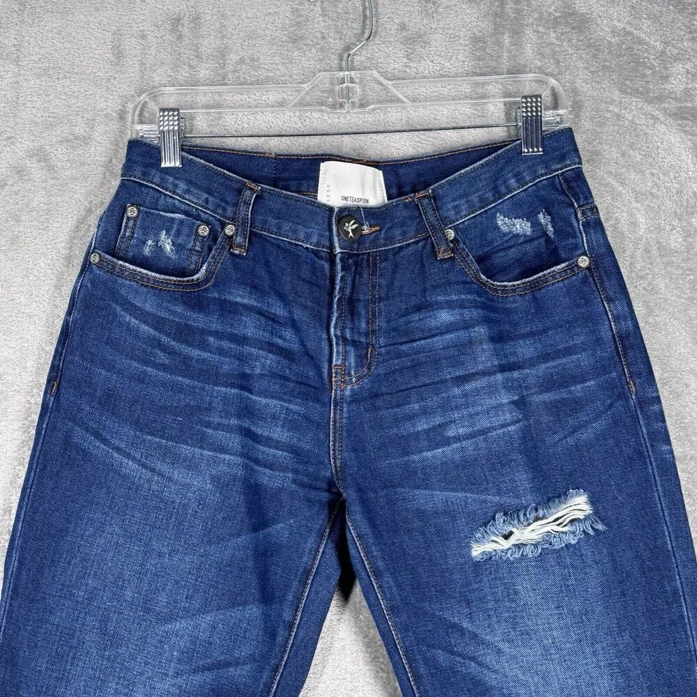 One Teaspoon Jeans Women 4 28" Awesome Baggie Blue Dark Whisker Fading Destroyed - Image 4
