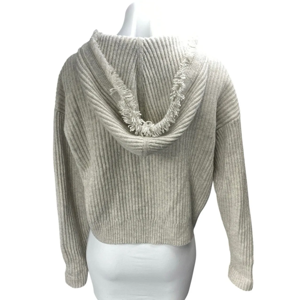 Intermix Wool Cashmere Beige Tan Rib Knit Fringe Hooded Long Sleeve Sweater Sz S - Image 2