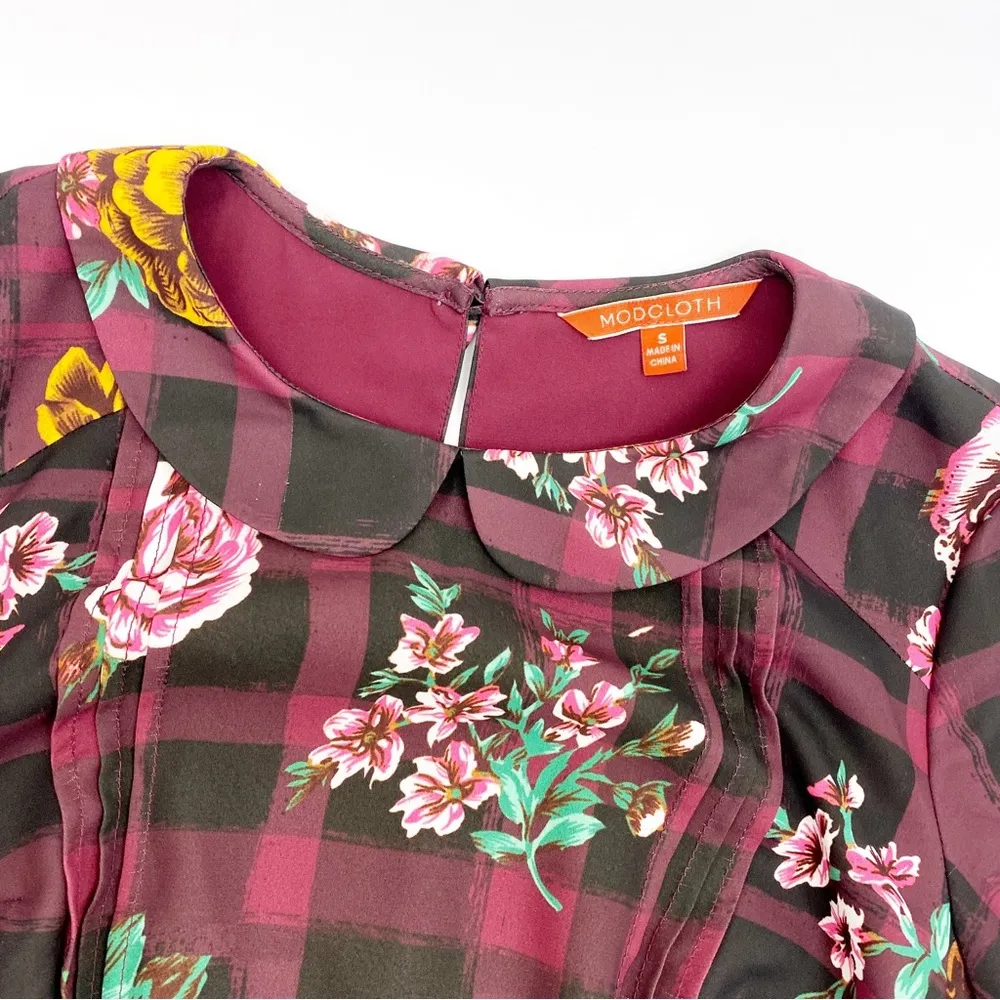 ModCloth Burgundy Floral Buffalo Check Joyfully Poised Collared A-Line Dress - Image 11