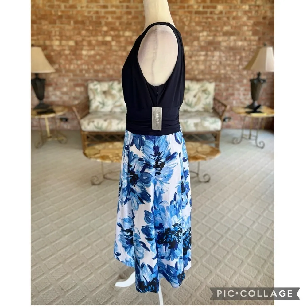 NWT SLNY Dress Midi Floral Fit & Flare Halter Blue Black 14 Cocktail Event Glam - Image 9