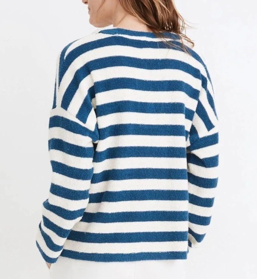 Madewell Blue and White Striped Terry Terry Notched Sweatshirt Size Small - Image 2