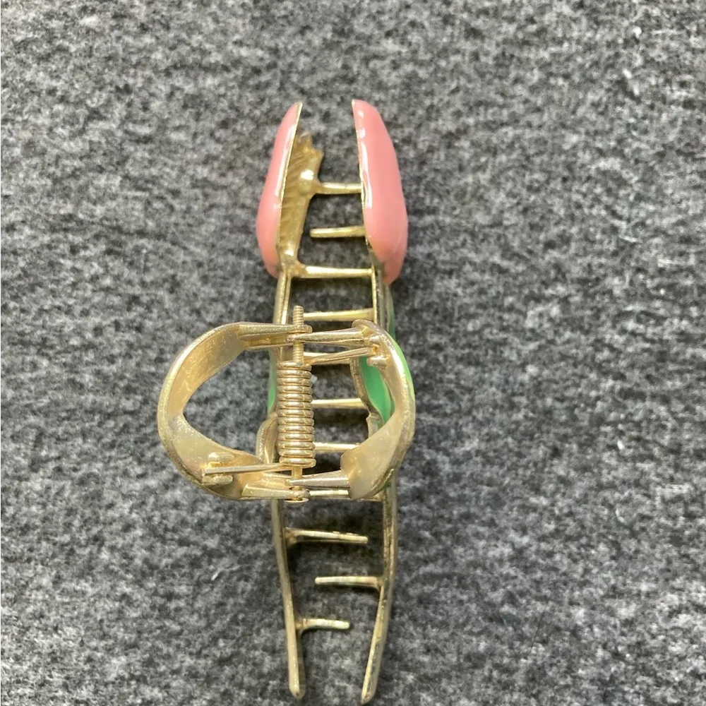 Tulip Hair Clip Pink Flower Claw with Green Leaves Boho Nature - Image 3