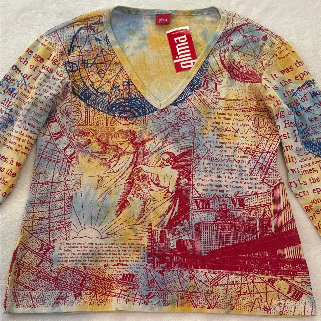 Glima Y2K Red and Yellow A Tale of Two Cities Print Graphic Women’s Top Size L - Image 9