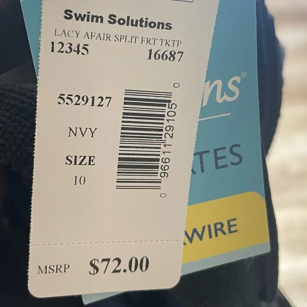 Swim Solutions Women's Blue/White Lacy Affair Split Front Tankini Swim Top sz 10 Blue - Image 4