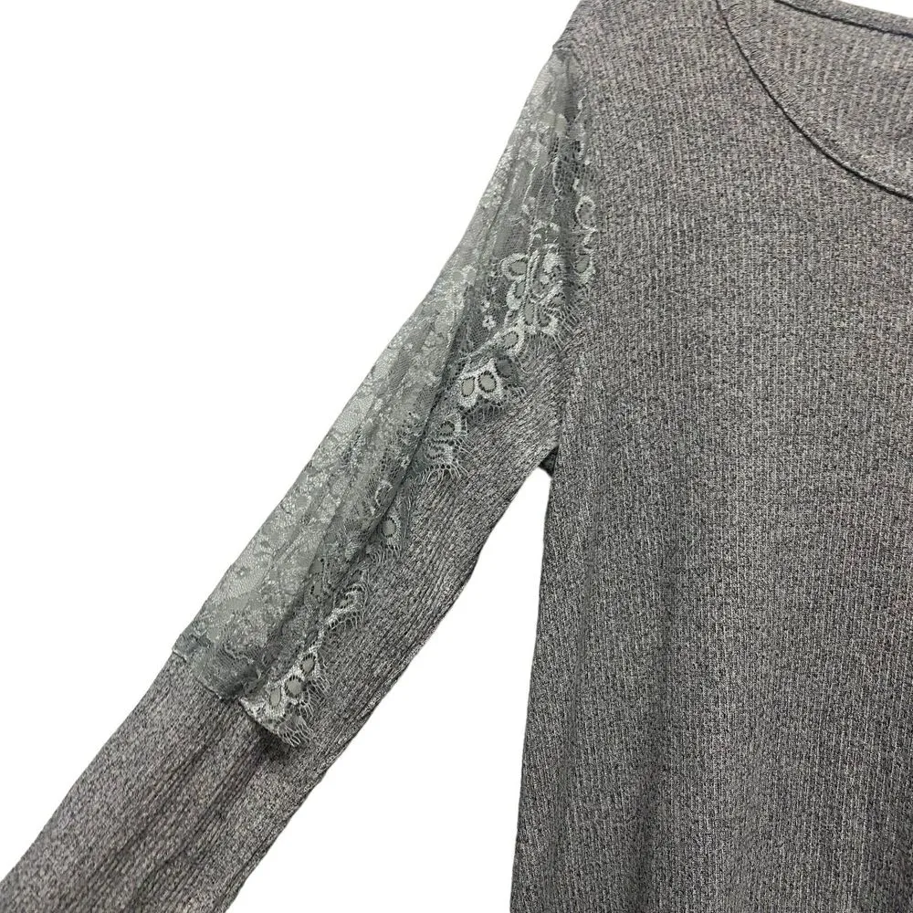 Premise Womens Large Heather Grey Ribbed Shark Bite Hem Lace Sleeve Pullover Top - Image 9