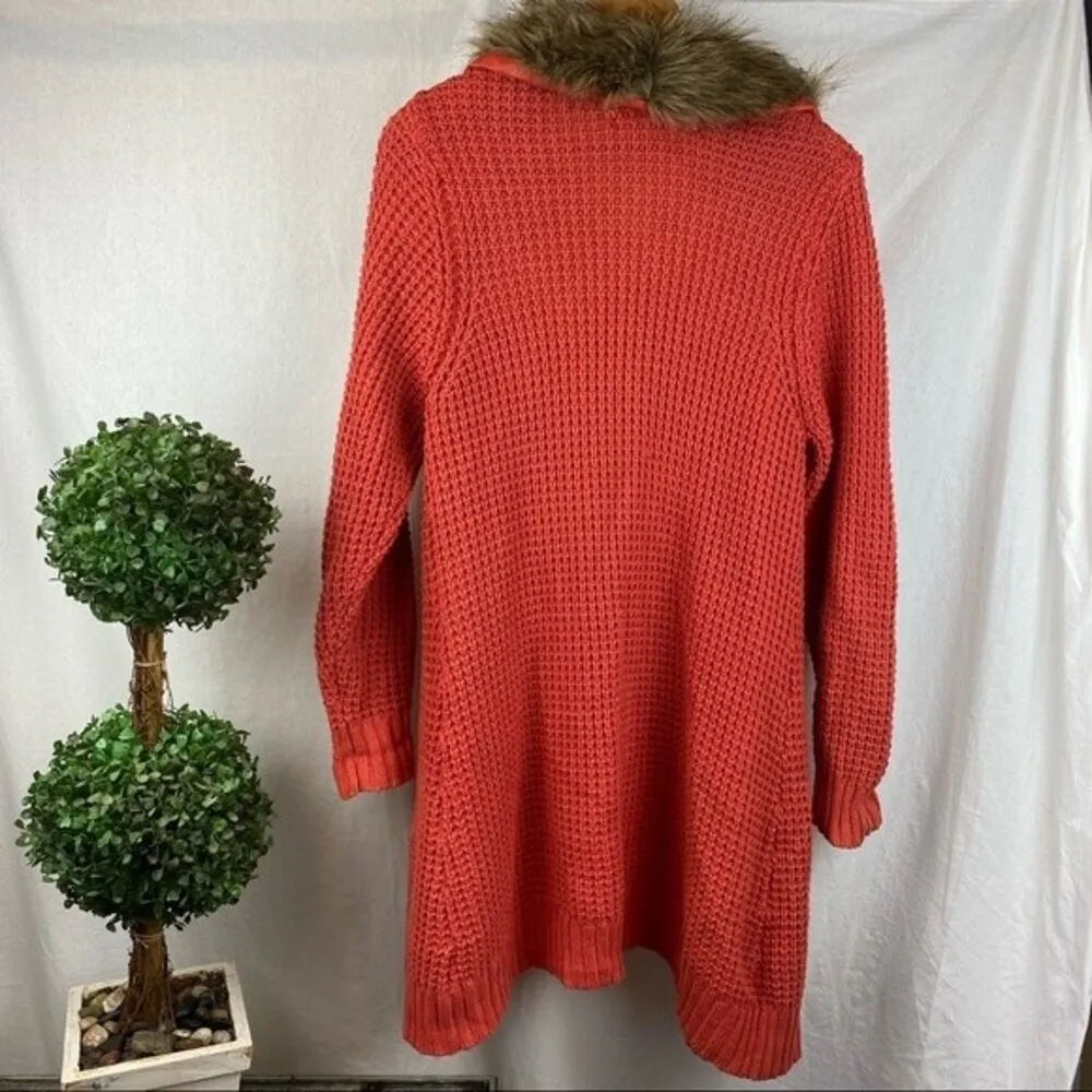 Old Navy Women's  Orange Knit Long  Faux Fur Collar Duster Sweater XL - Image 2
