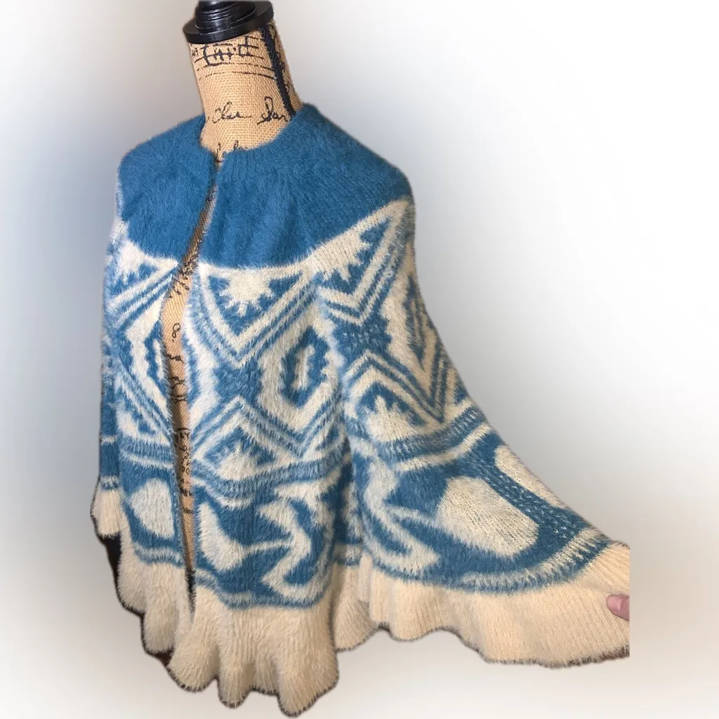 Cobble Lane Soft Cozy Fair Isle Pattern Ruffle Knit Cardigan Cape Sweater L Blue Size L - Image 2