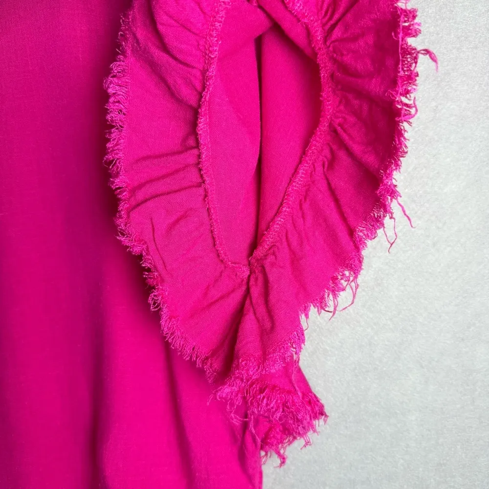 Umgee Women’s Made in USA 100% Linen Ruffle Sleeve Frayed Hem Blouse Pink Size M - Image 4