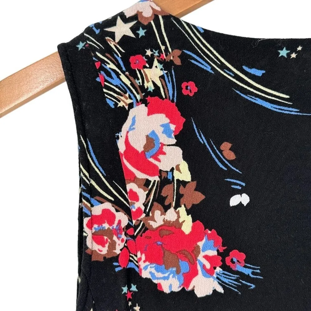 Free People BACK TO BASICS Black Floral & Stars Wrap Tunic Top Size XS Blouse - Image 5