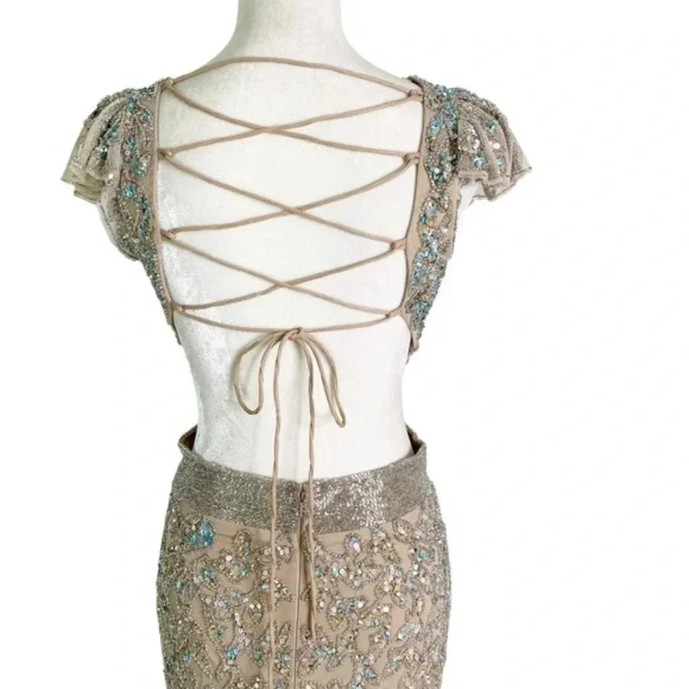 Mac Duggal Dress Beaded Cut Out Lace Up Back Sequin Gown Size 8 NWT - Image 9