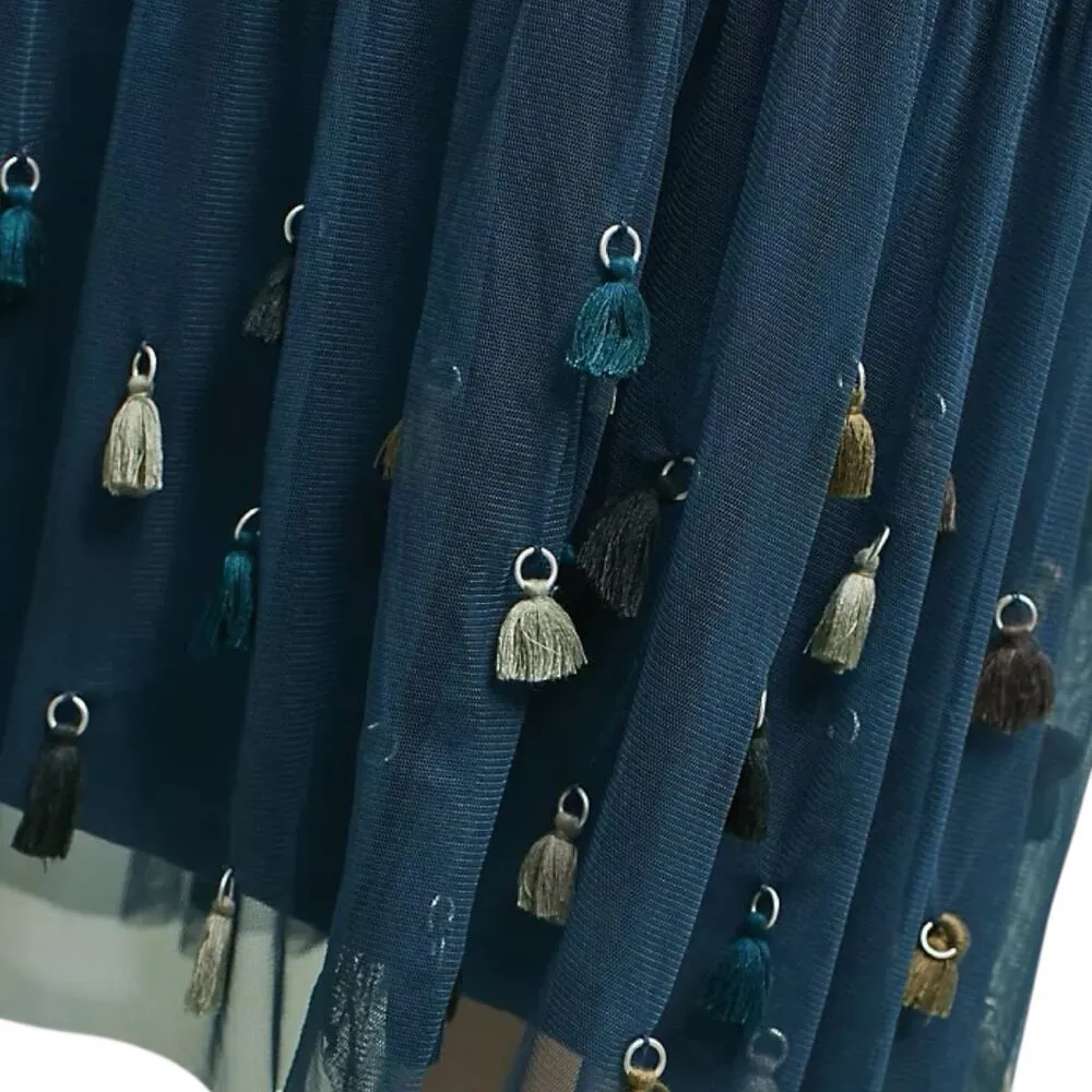 Anthropologie Maeve Size S Blue Masti Tassel Midi Skirt Boho Festival - Image 4