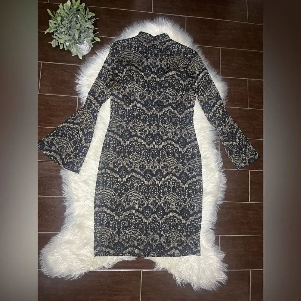 Alex Marie Aly Sparkly black/Gold Lace Jacquard Bell Sleeve Dress sz 8 - Image 9