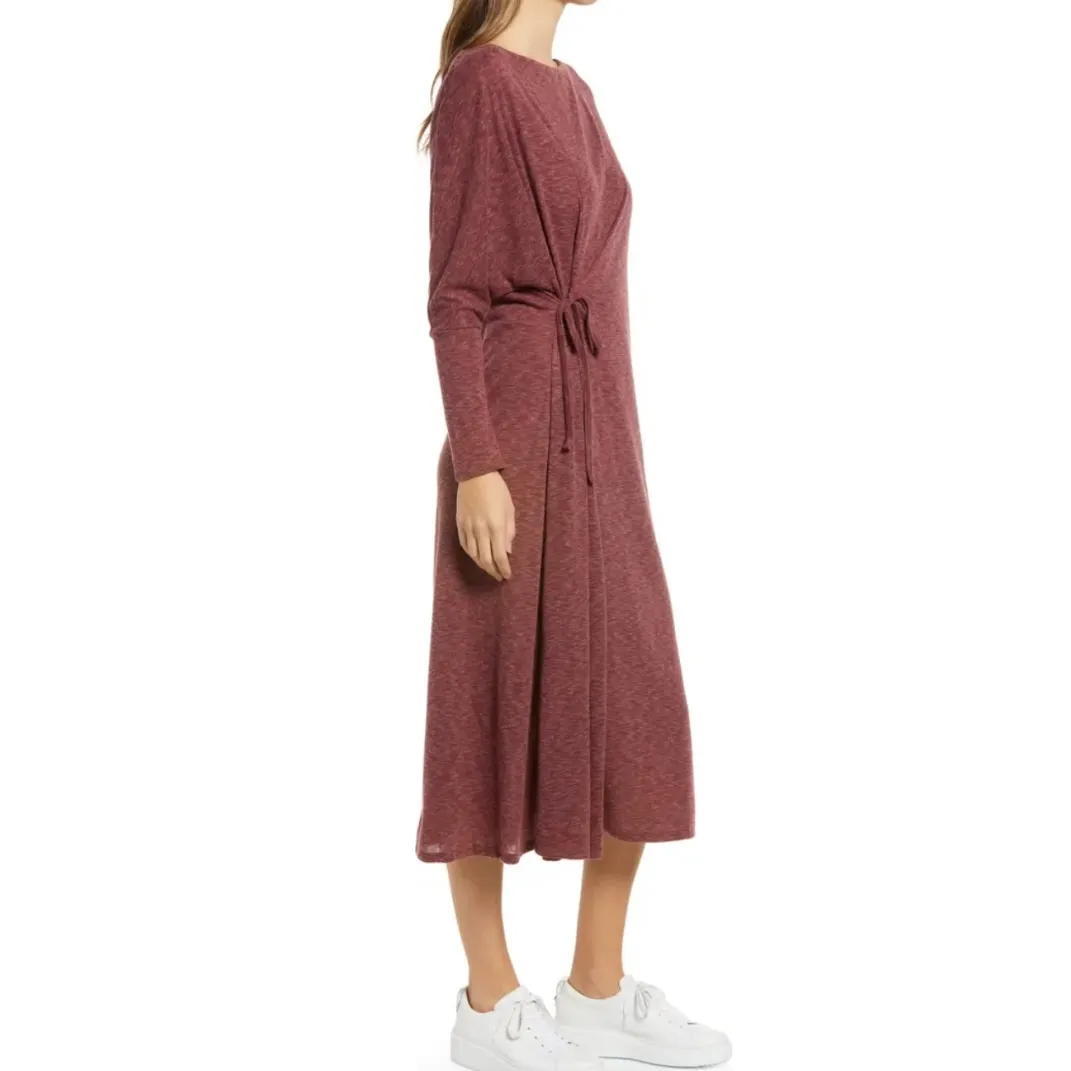 New Caslon Soft Knit Long Sleeve Side Tie Midi Dress Red Heather Size Small - Image 2