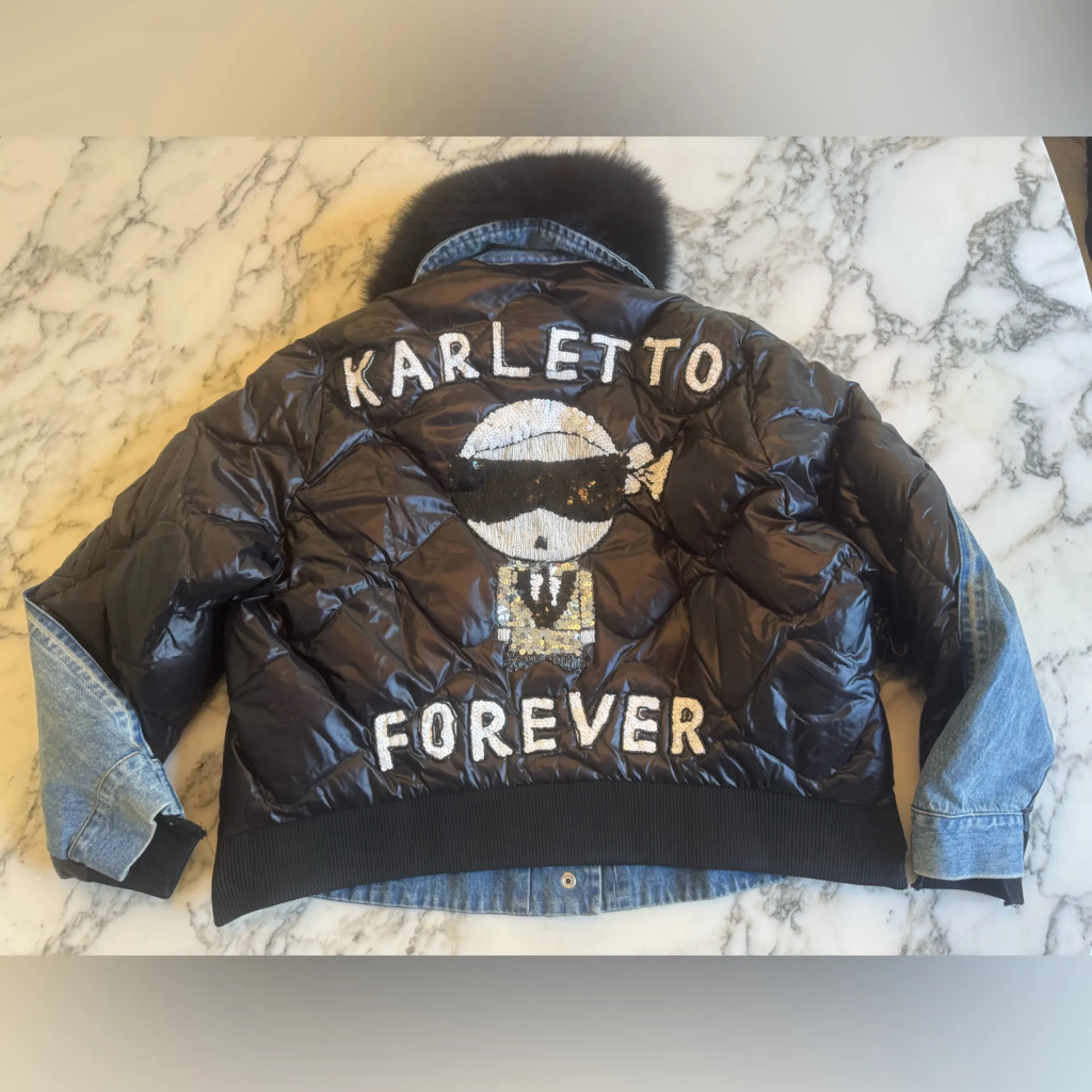 EUC HOUSE OF MUA MUA KARLETTO IS MY BESTFRIEND BLACK & DENIM DUVET JACKET Sz XS - Image 3