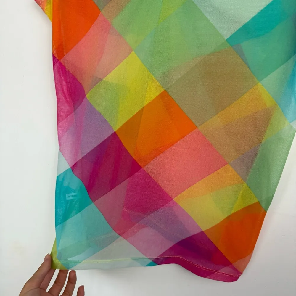 Y2K Rainbow Sheer Mesh Printed Top Sz XL Pink - Image 11
