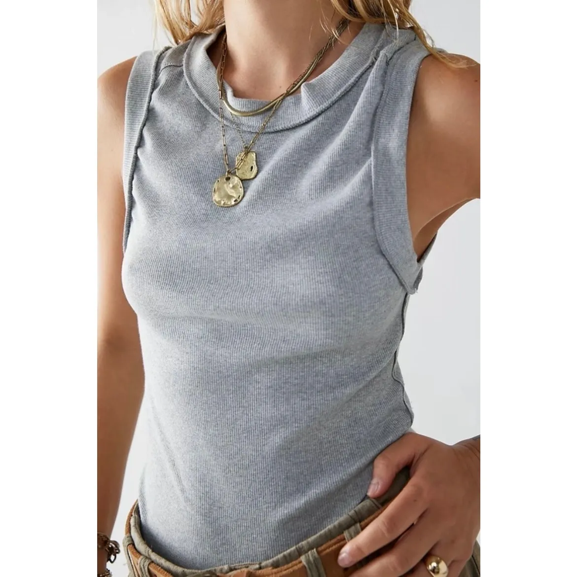 Free People We the Free Kate Rib Stretch Cotton Distressed Tank - gray XS - Image 10