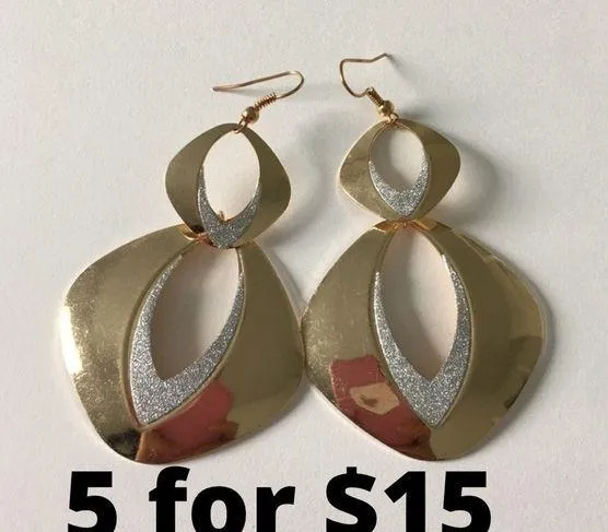 Double diamond shape gold & silver metal earrings - Image 2