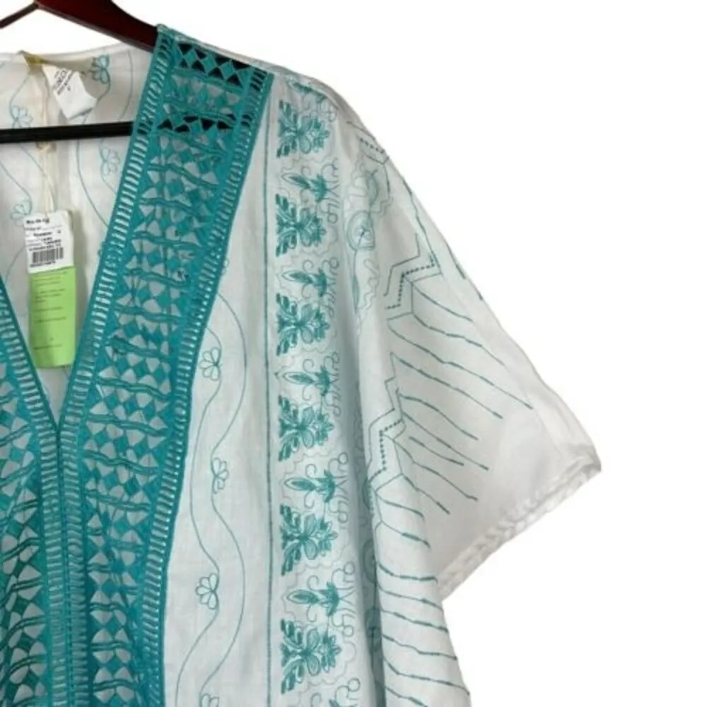NEW RIO DE JAS size large White Blue embroidered Kaftan Mumu Dress Maxi Poncho - Image 2