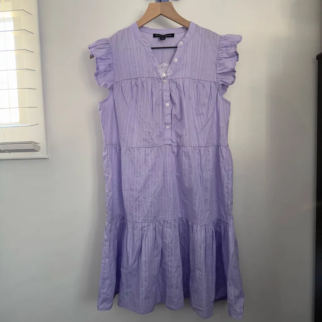 Boston Proper XS NEW Shadow Stripe Cotton Tiered Shift Dress Sheer Preppy - Image 2