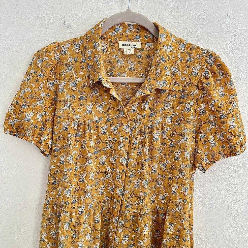 Monteau Floral Tiered Dress Midi Mustard LARGE V-Neck Tiered Boho Cottage Womens - Image 5