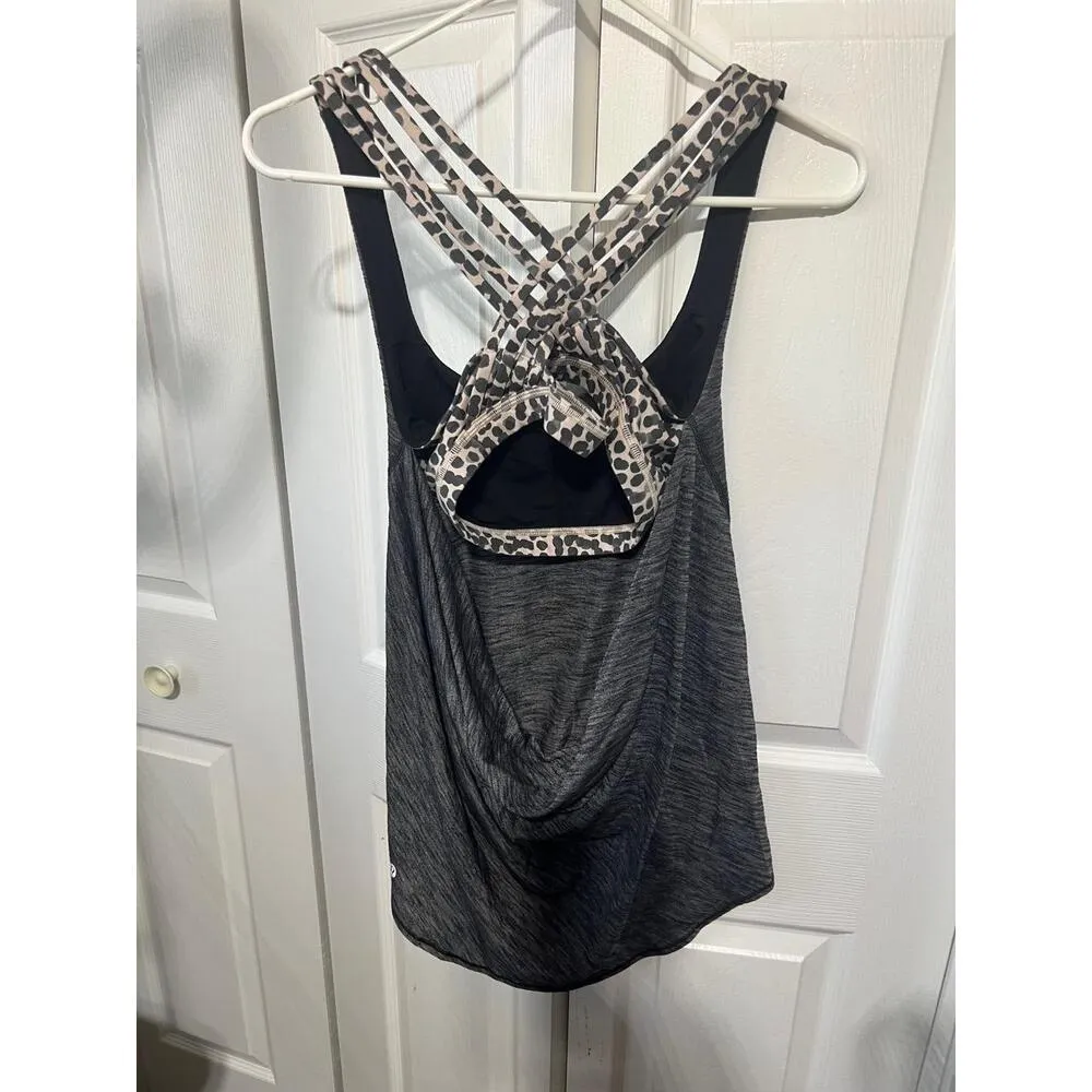 Lululemon Womens Size 8 Tank Top Black Gray Racerback Leopard Print Straps Sport - Image 4