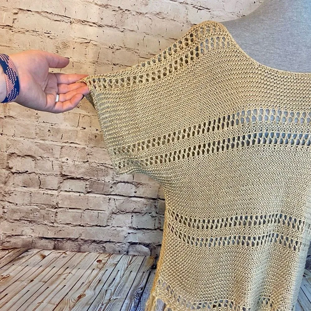 ee:some Womens Open Knit Top Fringe Acrylic Blend Short Sleeve Tan Taupe Medium - Image 2