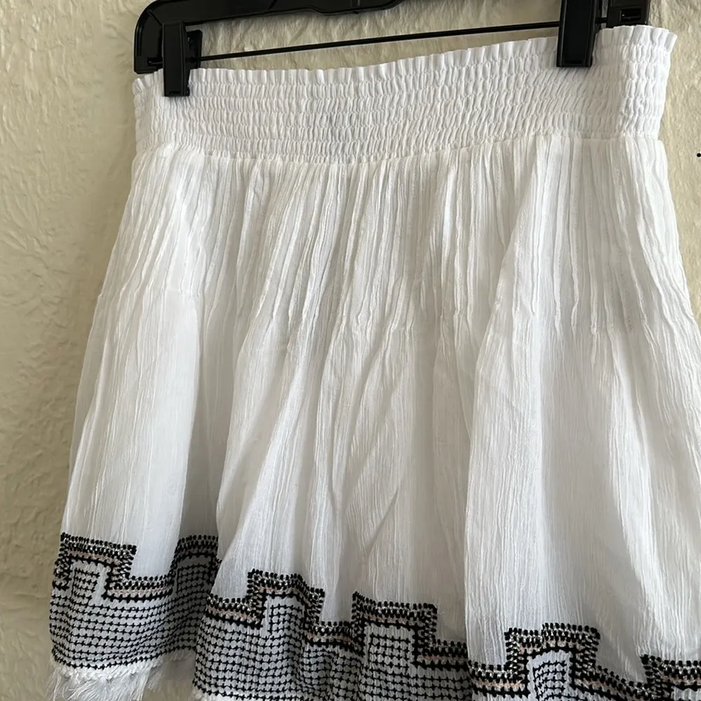 J. Crew White Smocked Pleated Tassel Black Embroidered Boho Mini Skirt NWT M - Image 3