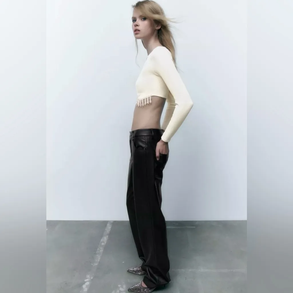 ZARA Long Sleeve Ribbed Crop Top Rhinestone Fringe in Oyster White Size Medium‎ - Image 8