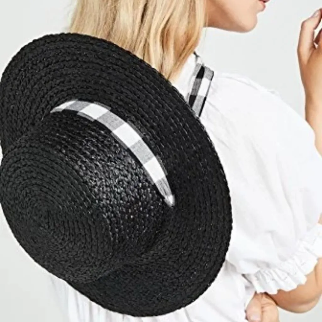 Madewell Stampede Strap Straw Boater Hat Size M-L Black Gingham Scarf Tie - Image 2