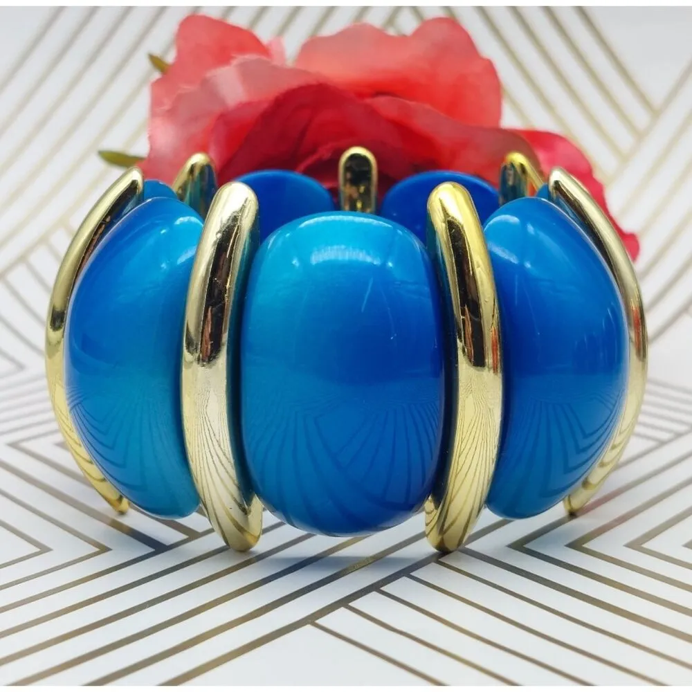 Lot of 3 Acrylic Statement Bracelets Stretch Wide Gold Tone Trim Blue Black Red - Image 4