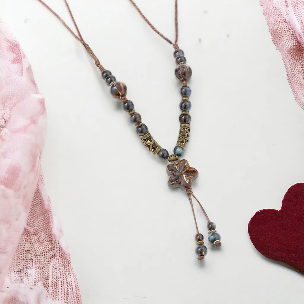 Bohemian Beaded‎ Ceramic Necklace Ethnic Style Flower Pendant Necklace Brown - Image 3