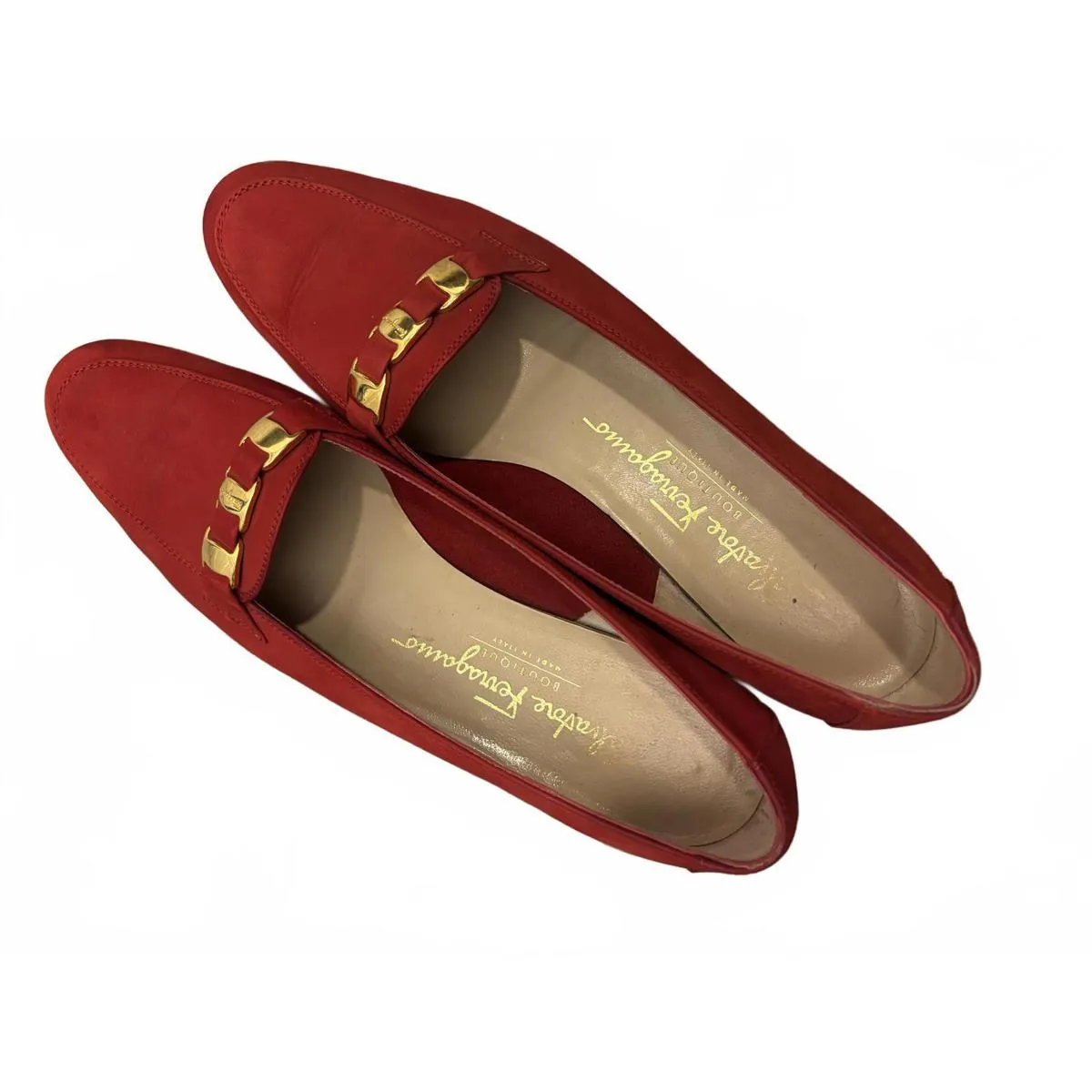 Salvatore Ferragamo Nubuck Red Suede Loafers Gold Buckle - Image 2