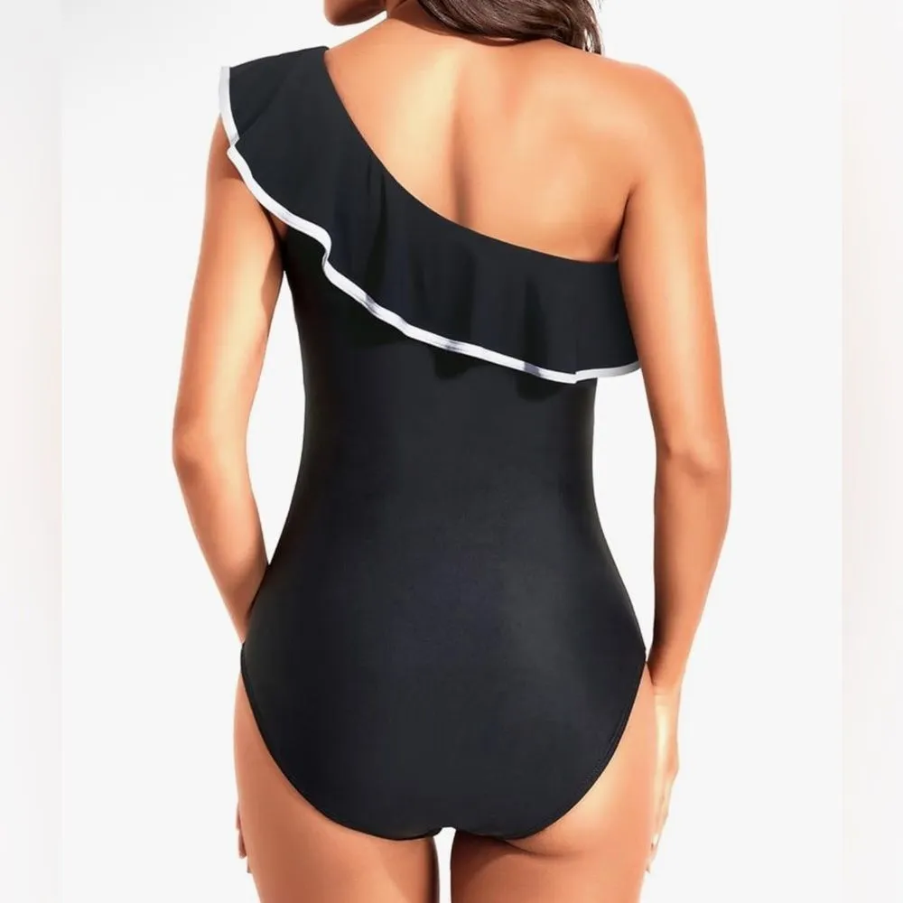Tempt Me Women’s Black One Piece Swimsuit Tummy Control 1 Shoulder Ruffle M NWT - Image 4