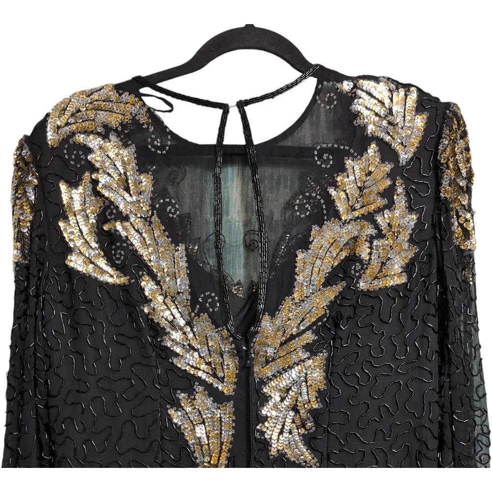 Scala Black Silk Sequin Embellished Long Sleeve Evening Gown Dress Size PL - Image 8