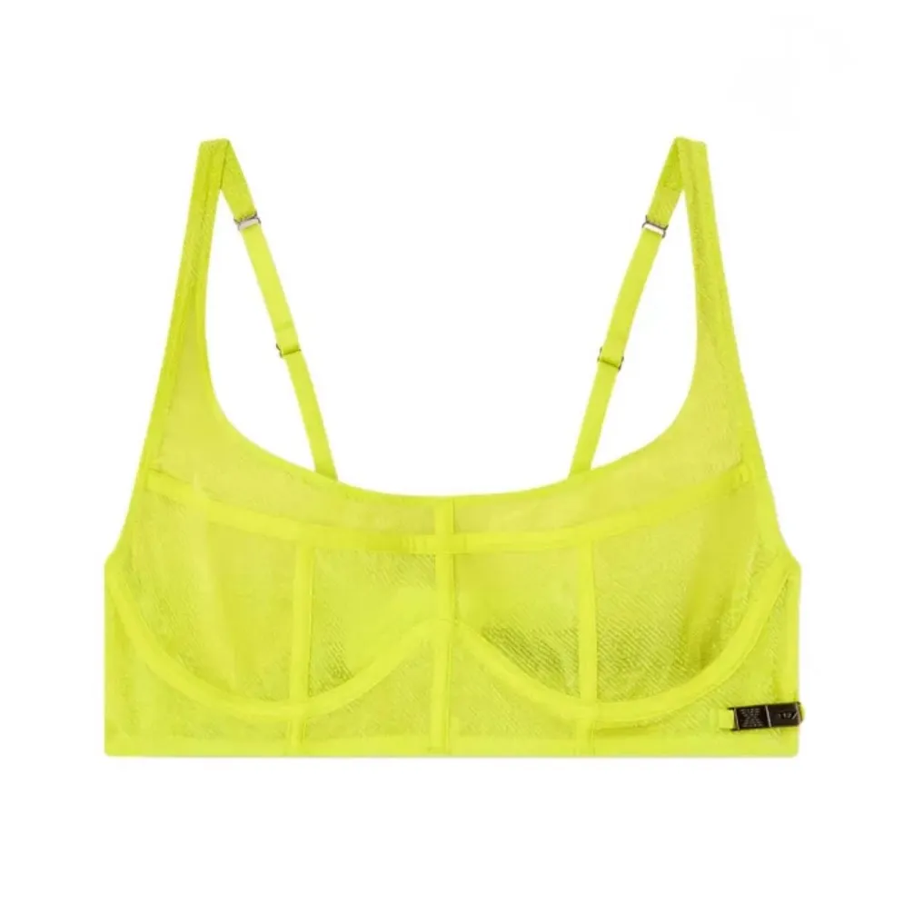 DIESEL X SAVAGE X FENTY Neon Yellow Suspender Bustier Bra in Foiled Fishnet - Image 2