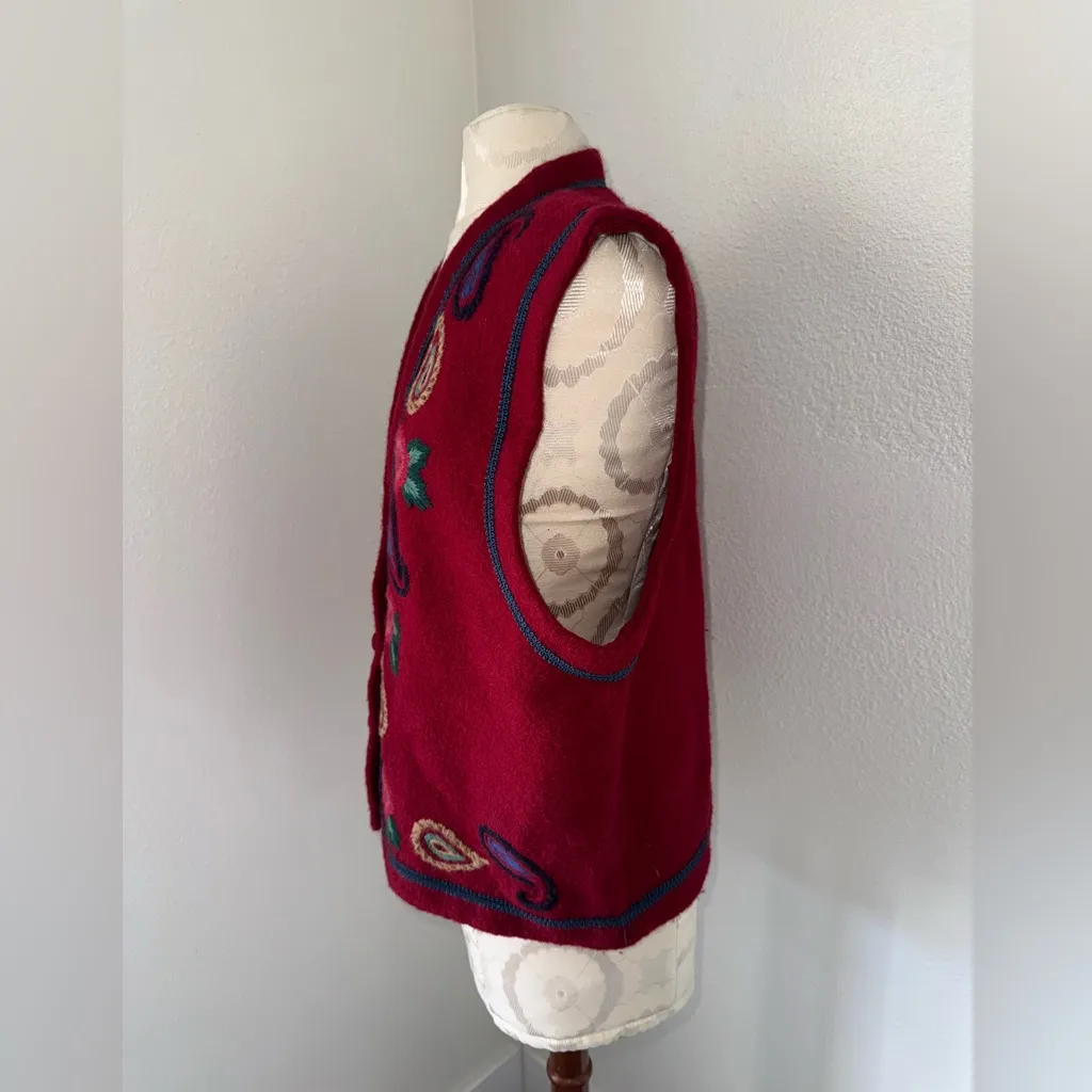 Vintage 90s Alfred Dunner Burgandy 100% Wool Embroidery Vest Floral Paisley XL - Image 7
