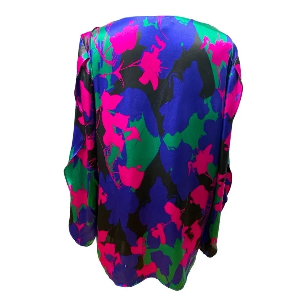 TALBOTS 100% Silk Blouse Size 6 Purple Black Floral Green Pink Tulip Sleeves - Image 2