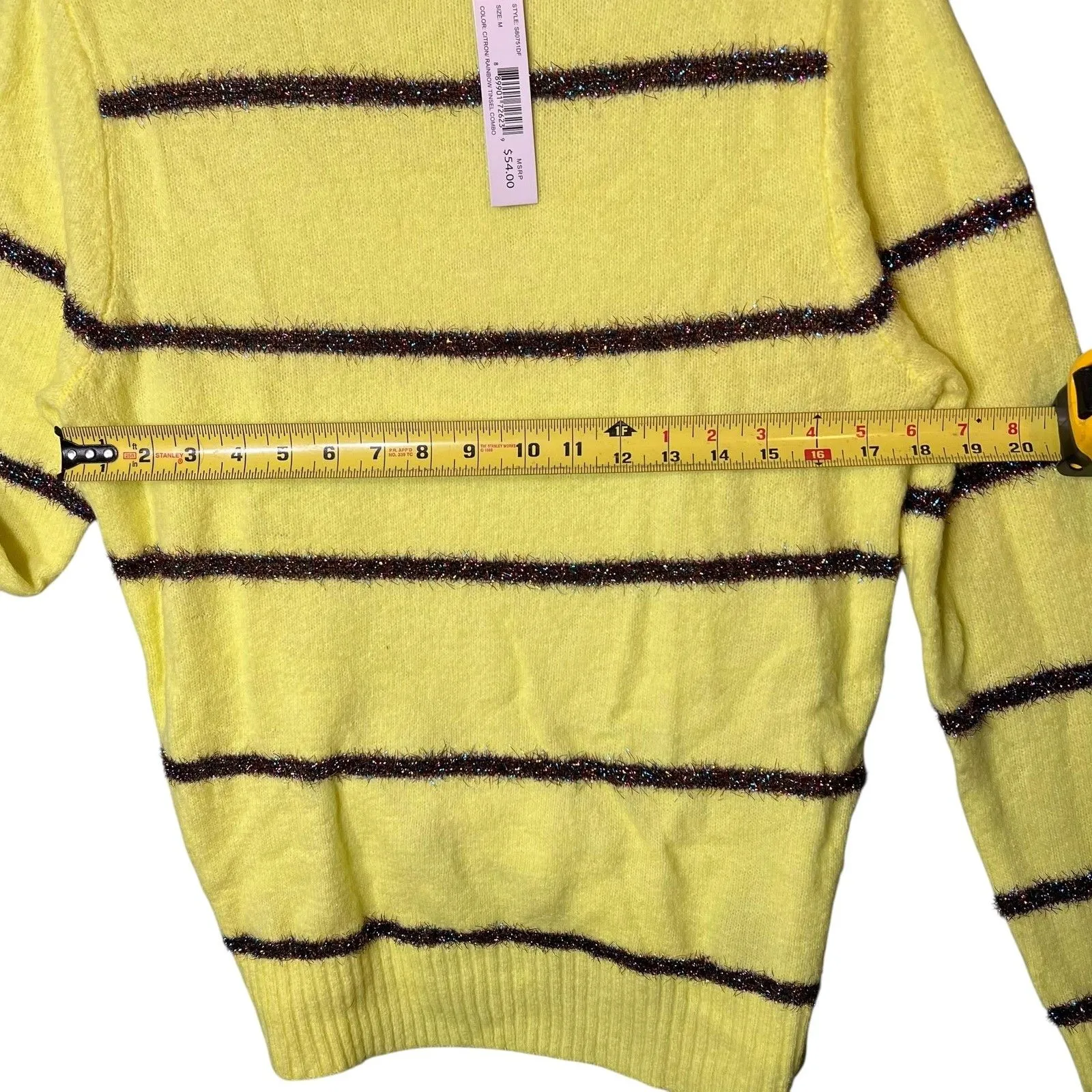 Tribekka 44 Sweater Womens Medium Citron Yellow Mock Neck Striped Rainbow Tinsel - Image 4